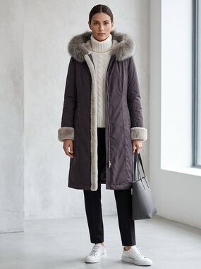 Elegant Custom Reversible  Black nylon and Genuine Sheared Beaver Coat Fox Trim
